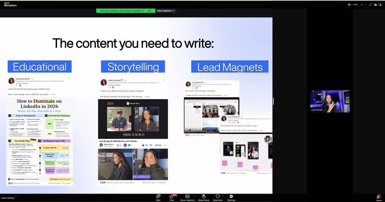 Screenshot from Lara Acosta's webinar: How to Turn Content into Clients
