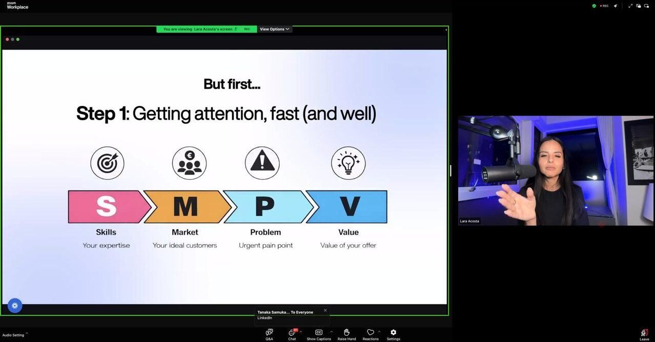 Screenshot from Lara Acosta's webinar: How to Turn Content into Clients
