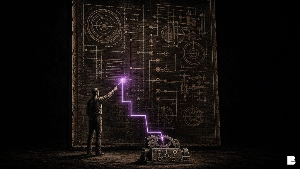 A figure precisely traces one glowing line on a giant technical blueprint, the light tracing down into a small precise mechanism, symbolizing how precise prompts build precise n8n AI Builder workflows