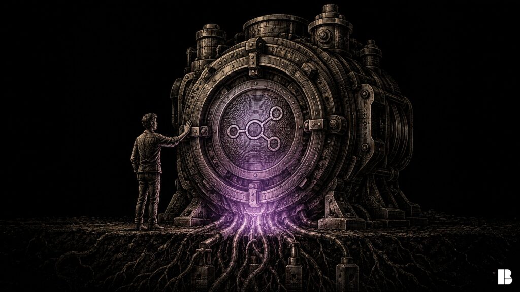 A small figure rests a hand on a massive grounded vault-like machine with glowing purple roots anchoring it to the earth, symbolizing self-hosted n8n as permanent, owned infrastructure