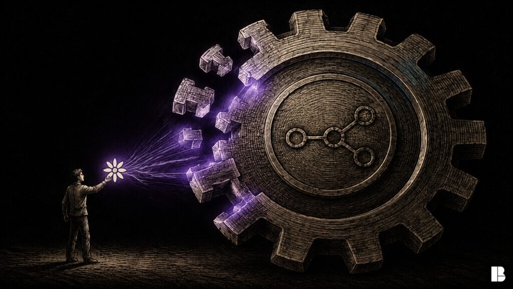 Tiny figure holds a glowing Claude-style sunburst emblem that powers a giant self-completing gear with an n8n node symbol at its core