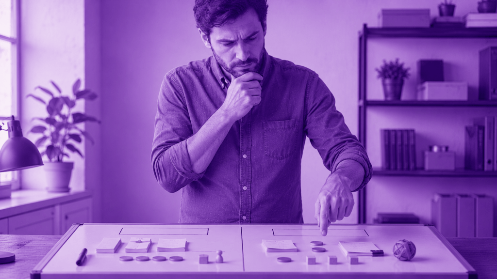 Business owner thoughtfully comparing two sets of options on a table, purple duotone illustration, representing choosing between an SEO consultant and an SEO agency in Jacksonville