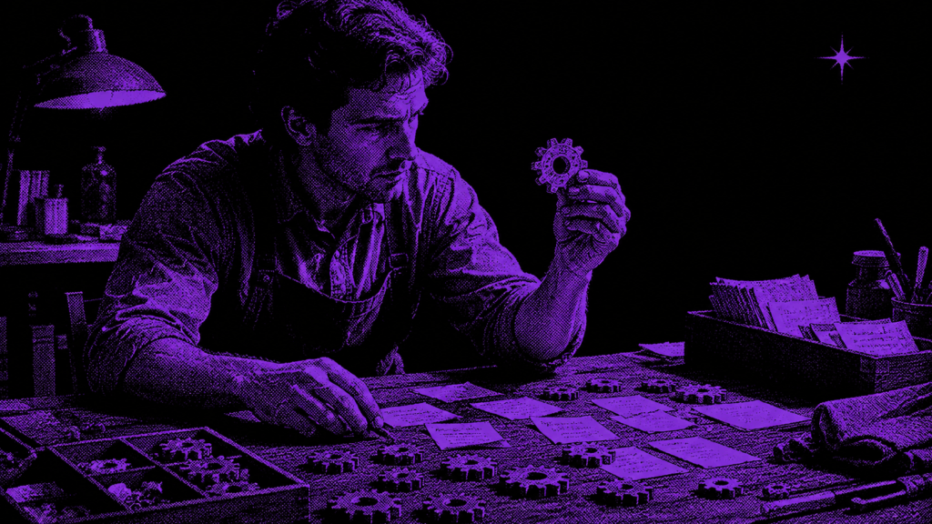 Business owner sorting gear-shaped tokens on a wooden workshop counter, purple halftone illustration, deciding which tasks to automate for a Jacksonville Beach and Ponte Vedra business