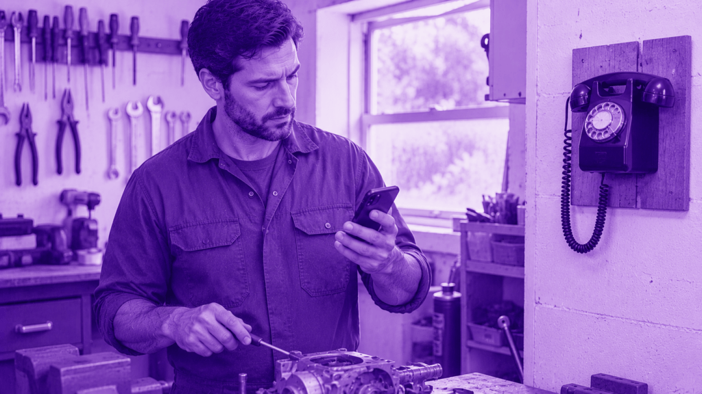 Home services business owner glancing at a smartphone call notification while working in a garage workshop, purple duotone illustration, an old wall phone unused in the background, representing missed calls an AI receptionist would catch for a Jacksonville small business
