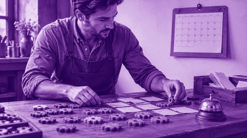 Small business owner sorting gear-shaped tokens and paper task slips on a wooden workshop counter, purple duotone illustration, deciding which repetitive tasks to automate for a St. Augustine or Orange Park business
