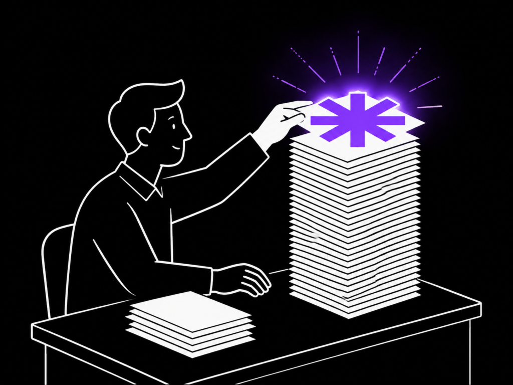 Illustration of a person stacking paper sheets into a tower topped by a glowing purple AI asterisk, representing automated contract and proposal generation.