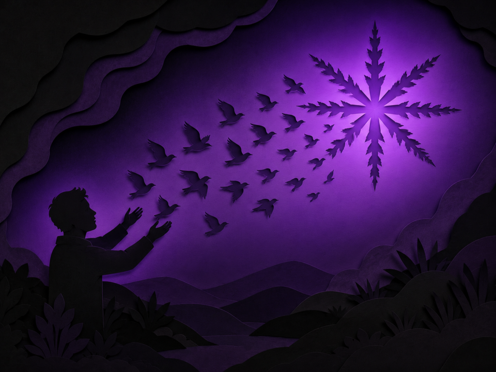 Papercut-style illustration of a figure releasing a flock of birds that transform into a glowing asterisk, representing automated CRM data cleanup and deduplication.