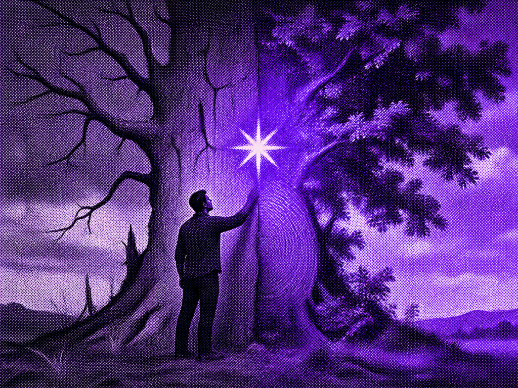 Vintage halftone duotone illustration of a figure tending a tree that transitions from faded, cracked bark to fresh growth beneath a radiant purple AI starburst, symbolizing how content freshness affects AI citations.