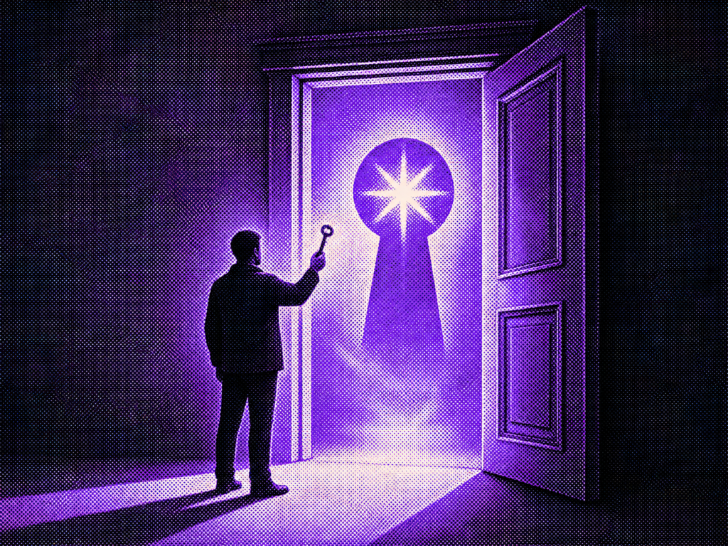 Vintage halftone duotone illustration of a figure unlocking a glowing purple doorway, representing how an About Us page E-E-A-T signal unlocks AI trust for a small business.