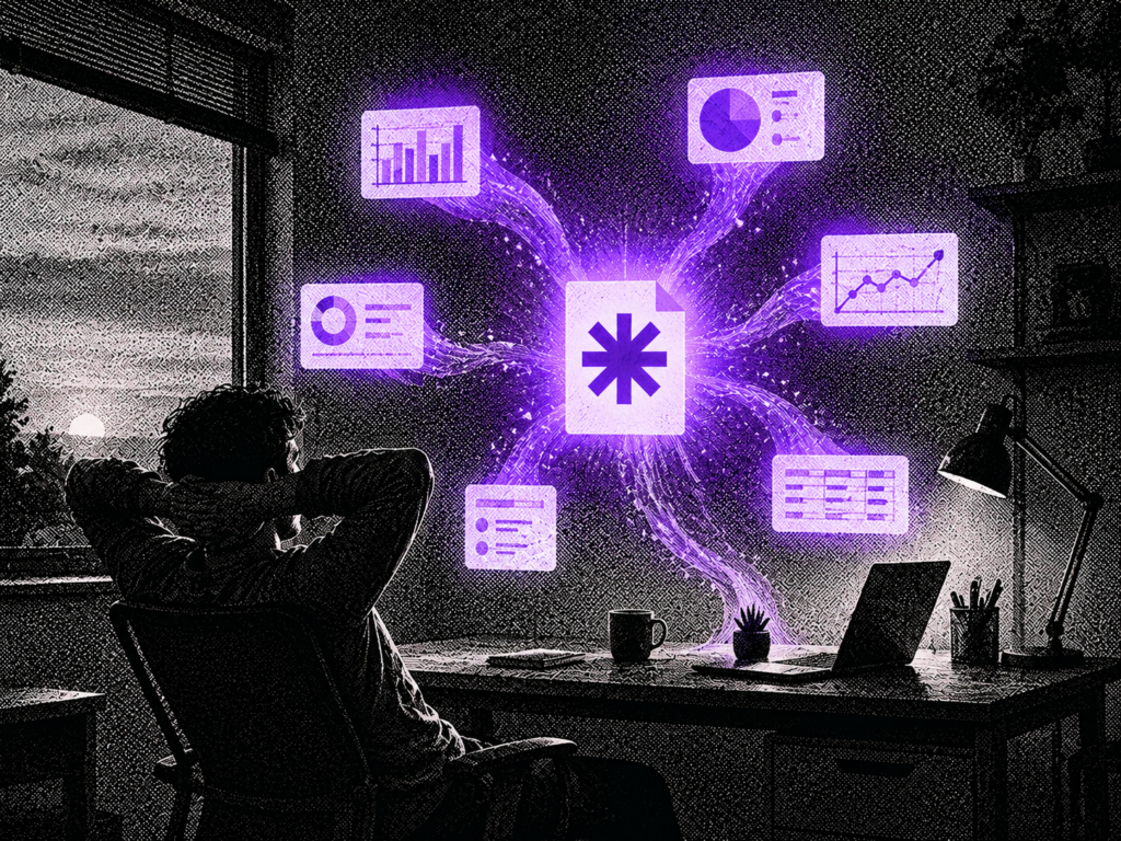 A relaxed figure at a desk at dawn watching several glowing panels converge into one purple asterisk-shaped document, representing an automated weekly business report pulling numbers together without manual copy-pasting.