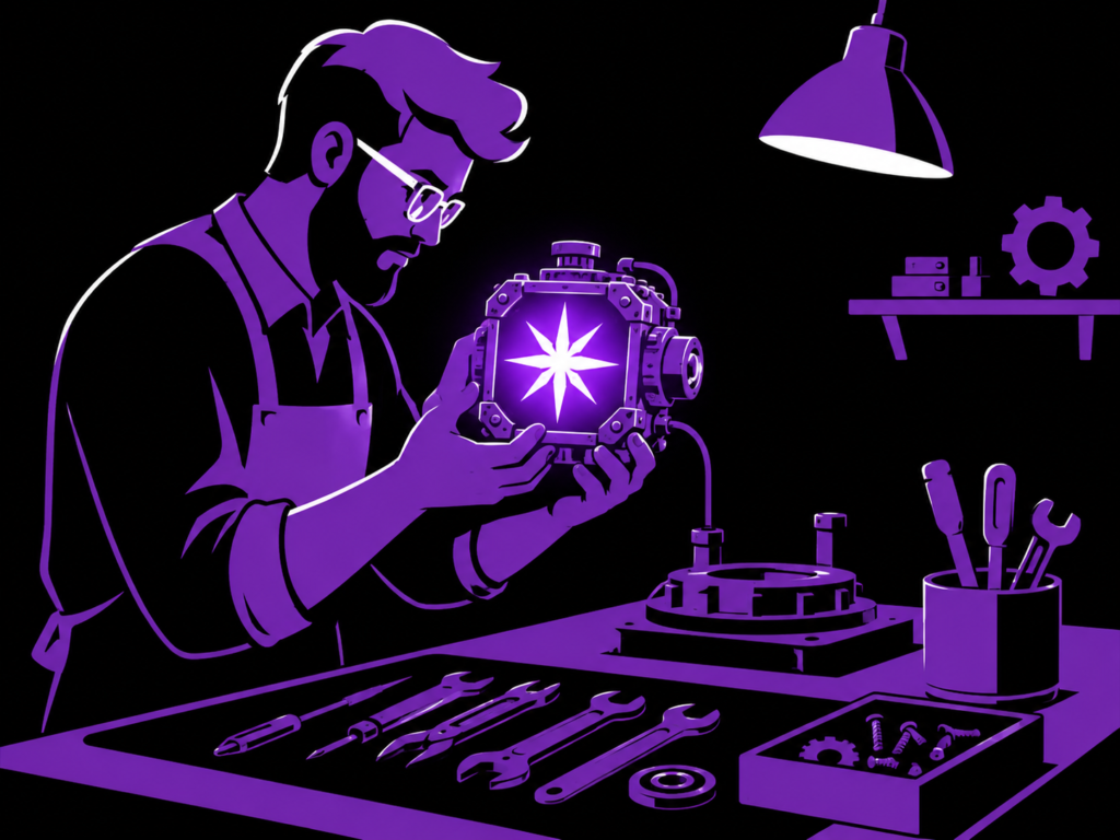 Illustration of a craftsperson inspecting a glowing mechanical device before letting it run on its own, representing testing an automation before it reaches a real customer.