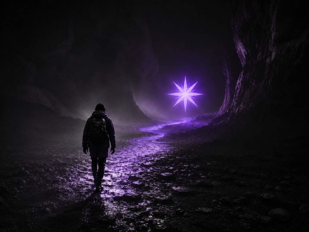 Cinematic illustration of an explorer following a glowing asterisk-shaped light through darkness, representing how video content earns citations in AI search.