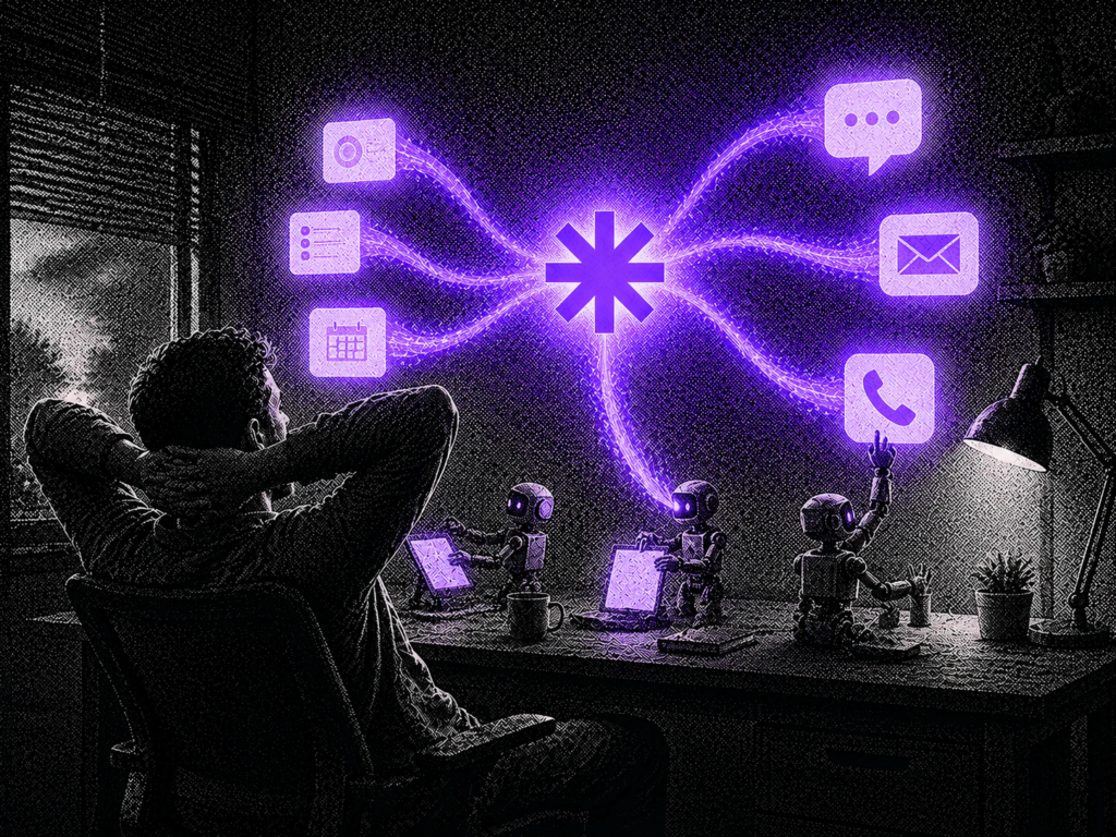 Vintage halftone duotone illustration of one trigger fanning out into Slack, email, and SMS alerts, representing multi-channel notification automation.