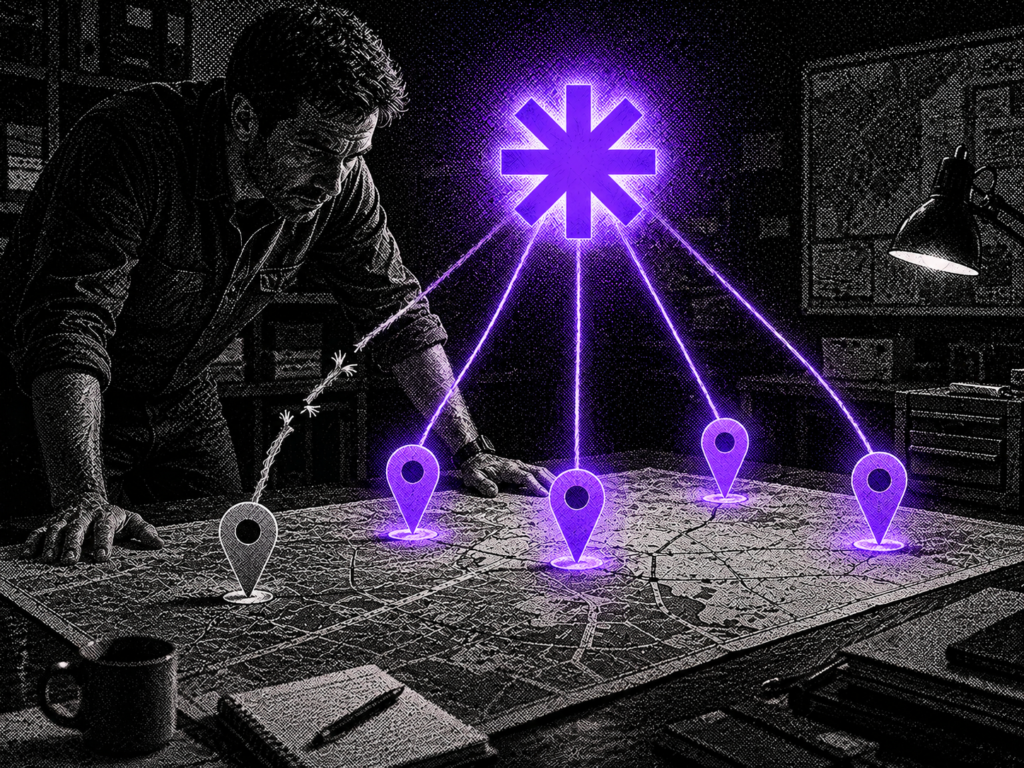 A figure at a map table where four location pins glow purple and connect to an asterisk above while a fifth pin's thread is frayed and dark, representing how inconsistent data makes AI search lose track of one location among several.