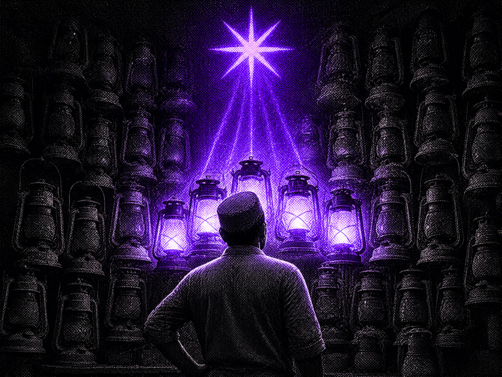 A shopkeeper surrounded by many old dusty lanterns and a few freshly lit ones, with only the fresh lanterns feeding a glowing purple asterisk above, representing how AI search trusts recent reviews over sheer review volume.