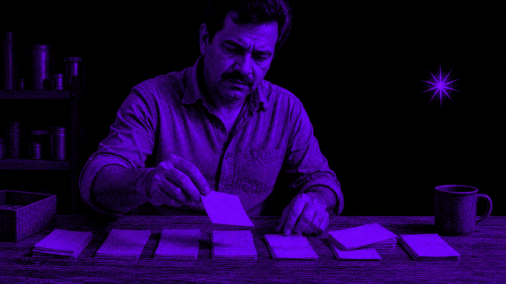 Business owner flipping through paper index cards on a workshop counter, purple halftone illustration, representing being cited and found by ChatGPT and AI Overviews in Jacksonville