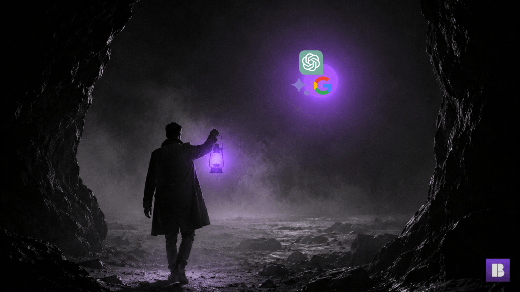 A lone figure with a lantern approaching the glowing ChatGPT, Gemini, and Google icons in the dark, representing the AI answer engines to check your business visibility in.