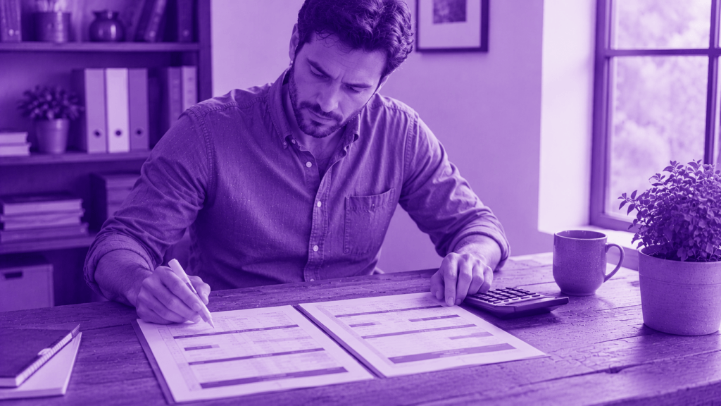 Small business owner comparing two printed SEO pricing proposals with a calculator at a wooden desk, purple duotone illustration, evaluating what SEO should cost for a Jacksonville business