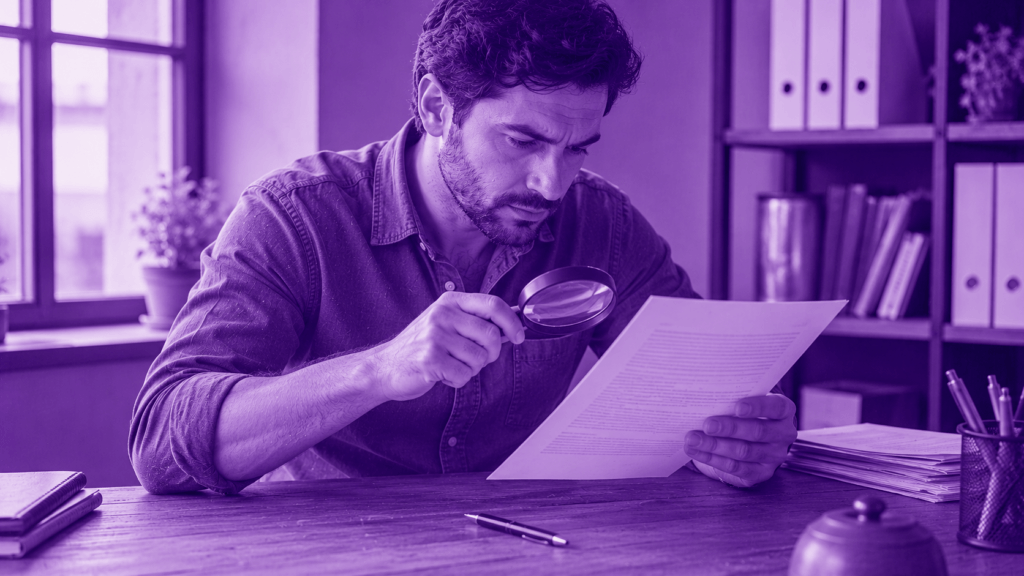Person examining a printed contract with a magnifying glass before signing, purple duotone illustration, representing vetting an AI automation consultant in Jacksonville