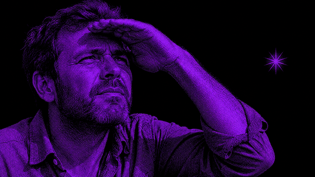 Bearded man in rolled-sleeve shirt shading his eyes with one hand, purple halftone duotone illustration on black background, symbolizing careful vetting of an AI automation consultant in Jacksonville