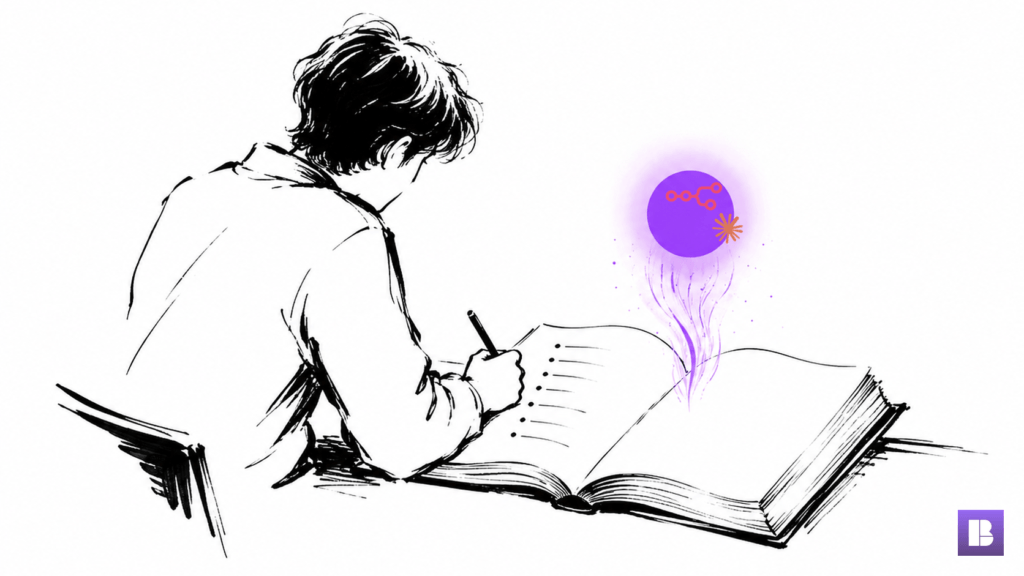 A person writing questions in an open book as the glowing n8n and Claude logos rise from the pages as the answer.