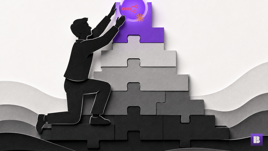 A person placing the n8n and Claude logos as the glowing keystone atop a stack of connected automation blocks.