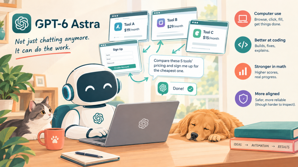 GPT-6 Astra AI model using a laptop to browse websites, compare tools, complete forms, and perform multi-step tasks, highlighting computer use, coding, math, and safety improvements.